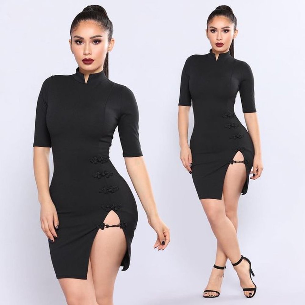 Fashion Nova Kiko High Side Slit Mini Dress-Blk-XS